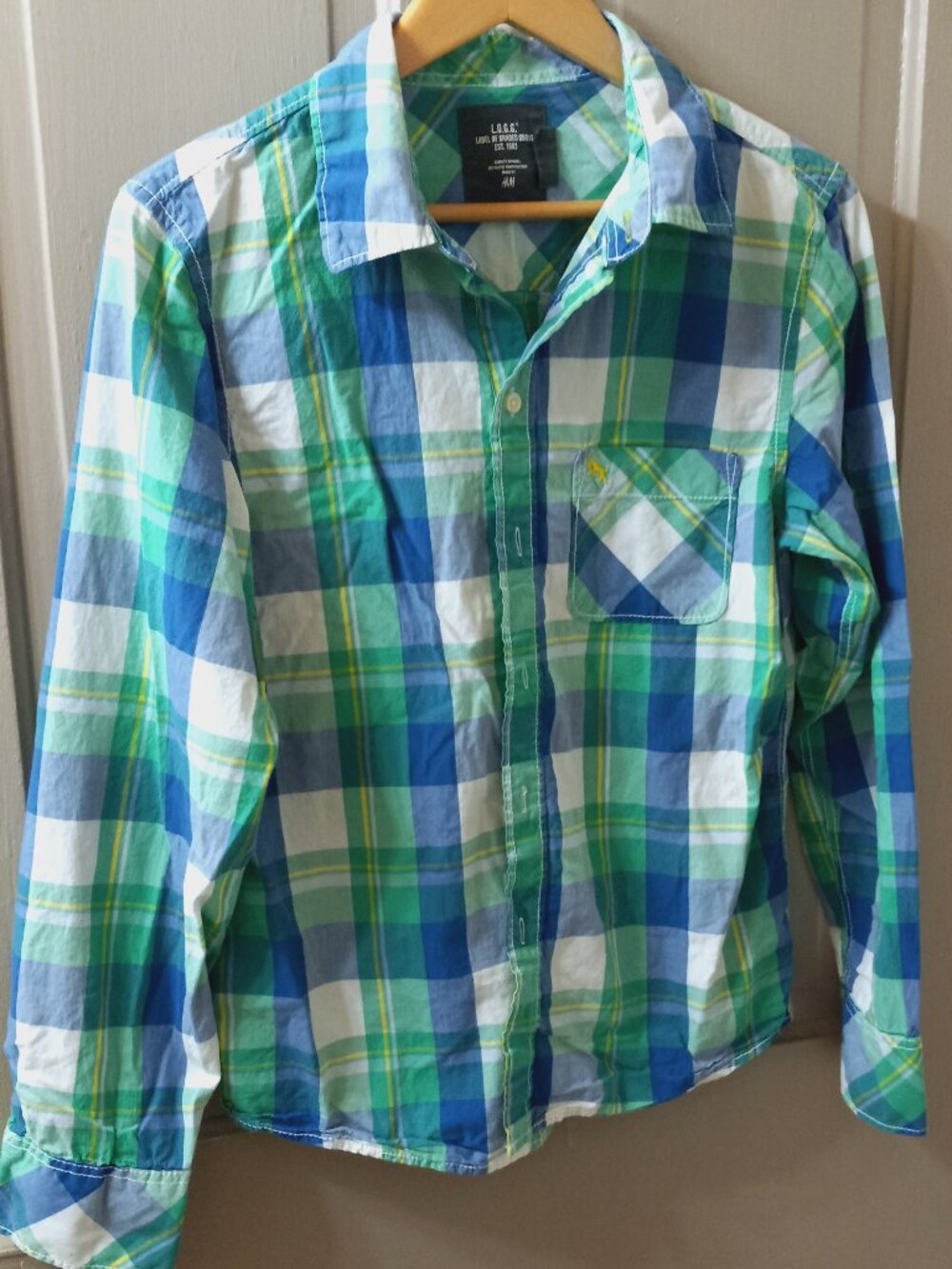 H&M Button-up Shirt (M) Green Blue Plaid - Casual Long-sleeve Cotton